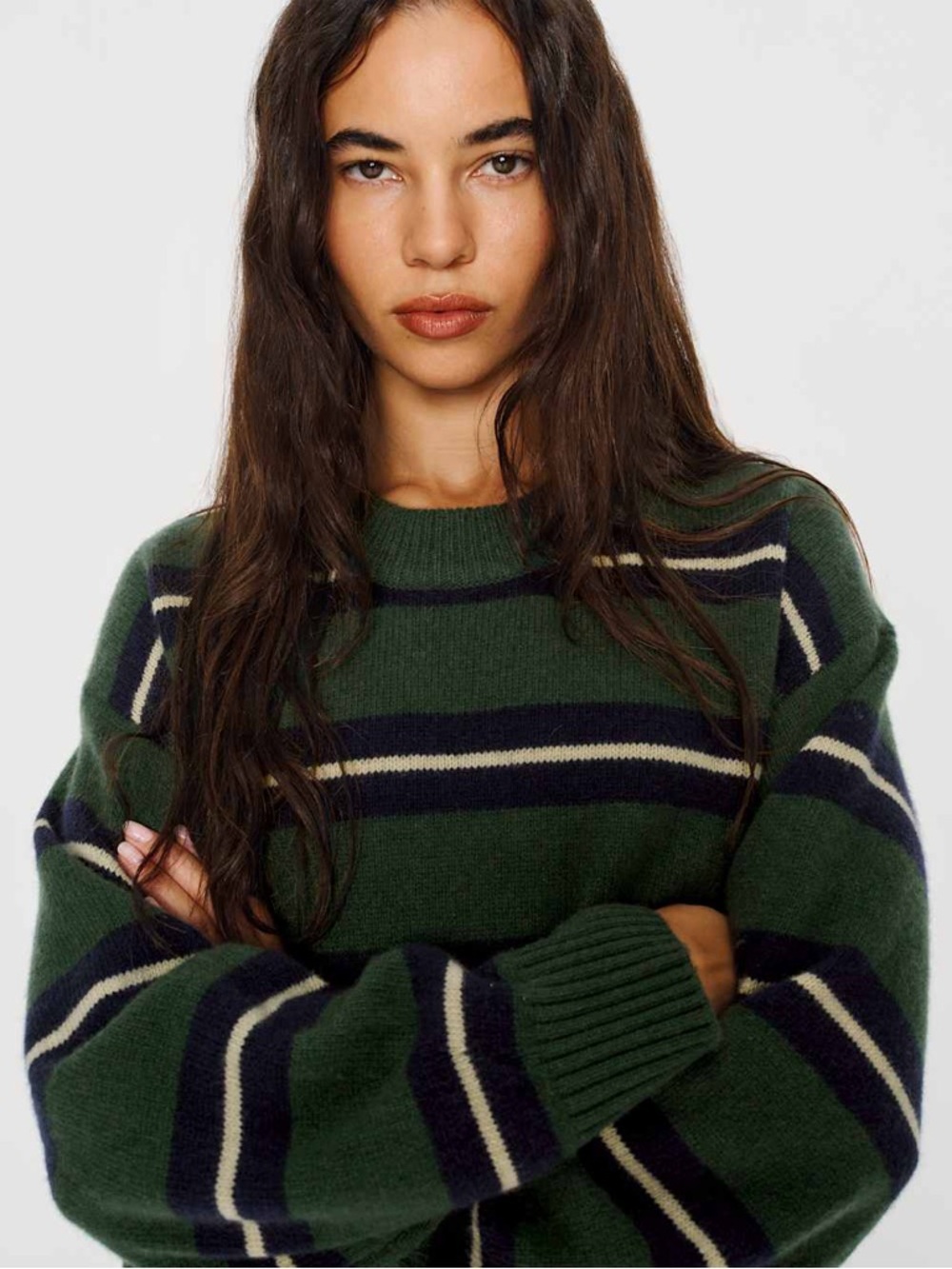 REFORMATION Cove Cashmere Oversized Crew Dark Pine Multi Stripe Green Sweater XS - Picture 6 of 16